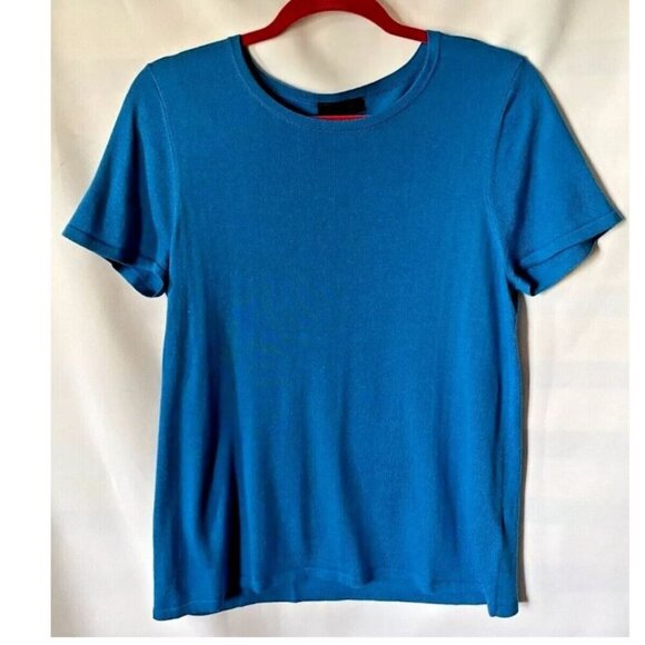 Saks Fifth Ave Silk Cashmere Sweater Womens Medium Blue Short Sleeve Crew Neck - Picture 3 of 5